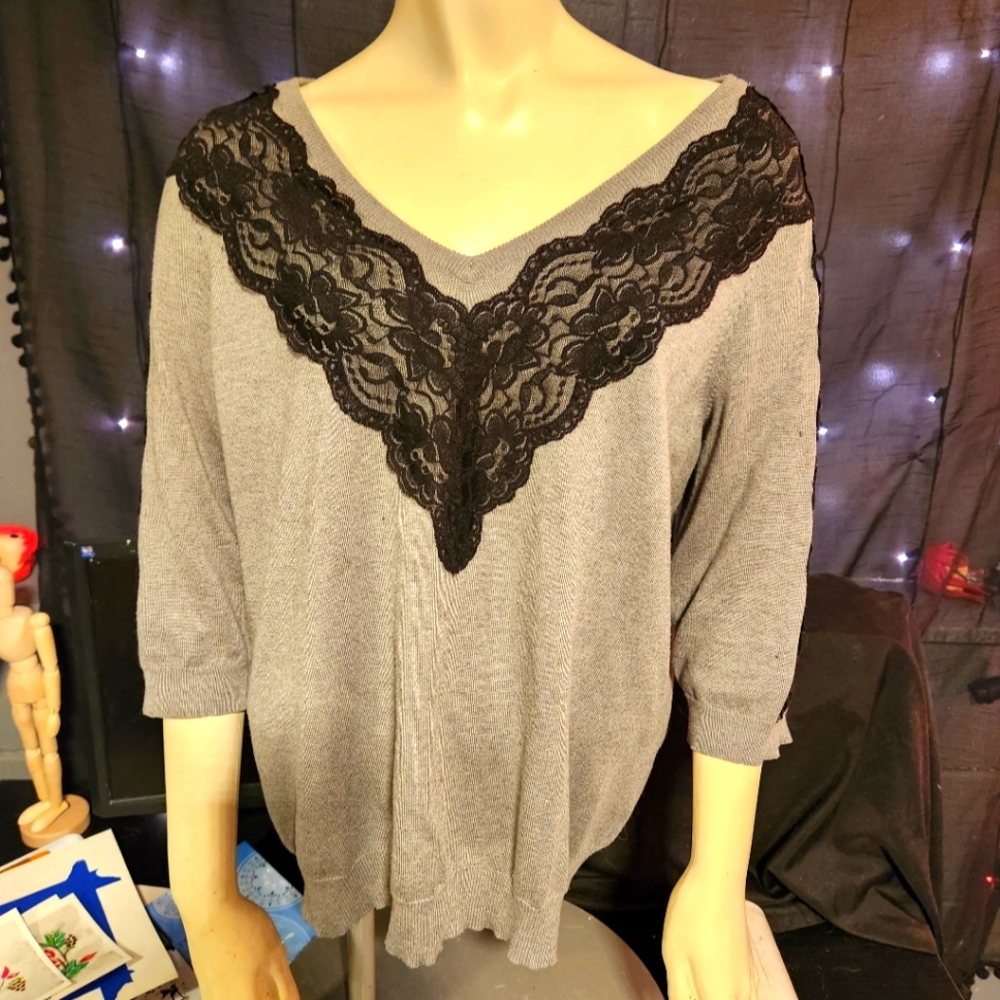 Gray and Black Lace Long Sleeved Shirt